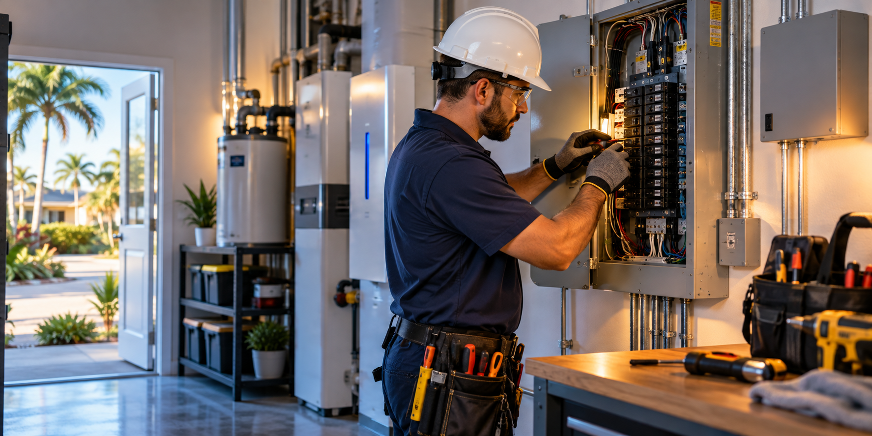 Electrician inspecting a service panel